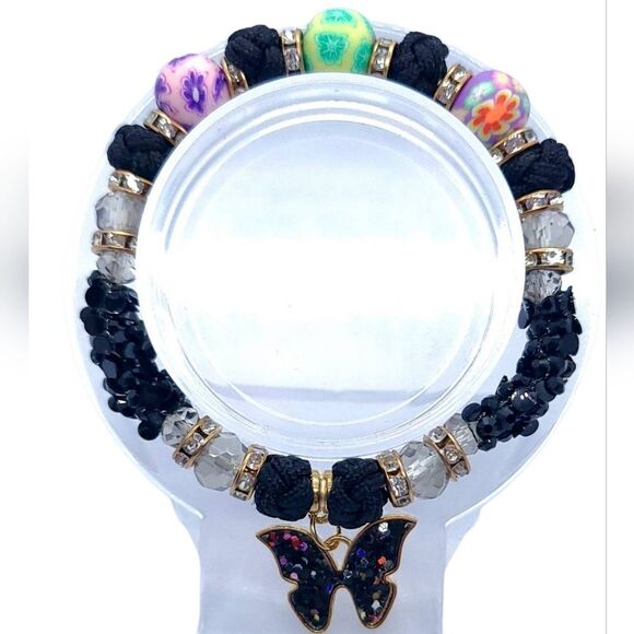 Butterfly Sparkly Beaded Black Cord Bracelet Handmade Stretchy Cottagecore New - Picture 9 of 9